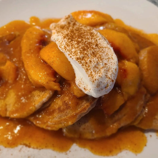 Chipotle Peach Pancakes with Cinnamon Whipped Cream