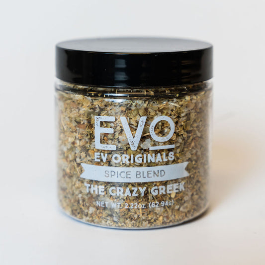 Jar of EVO Originals Spice Blend 'The Crazy Greek' on a white background