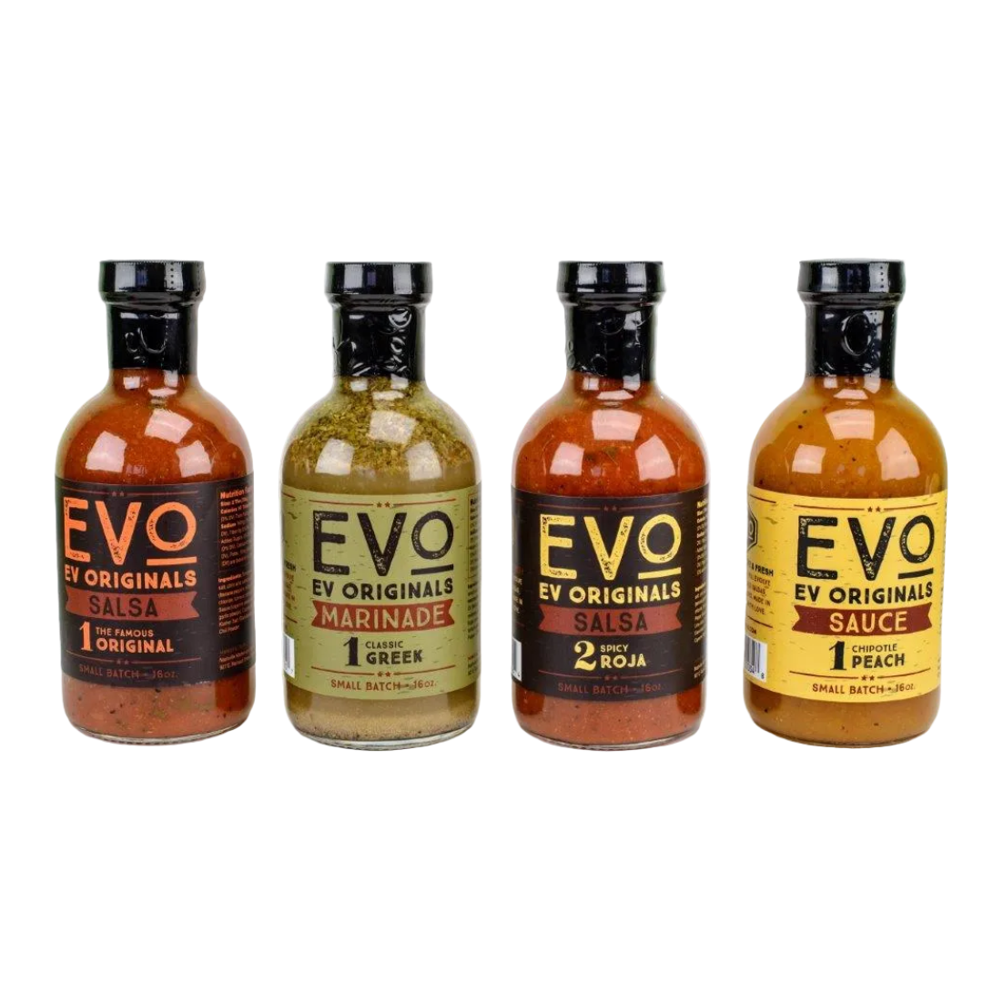 Four bottles of Evo Originals sauces on a white background