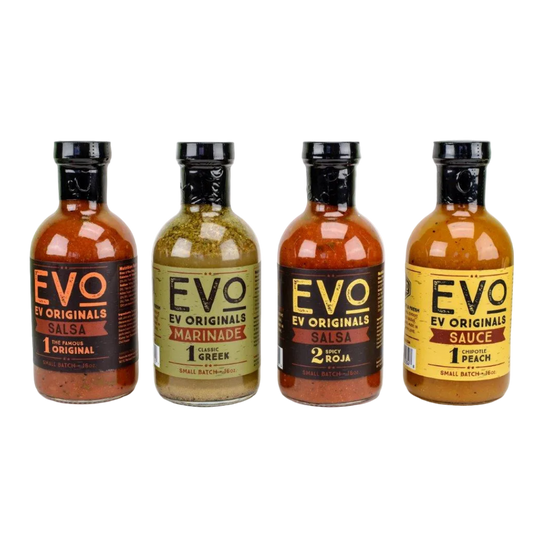 Four bottles of Evo Originals sauces on a white background