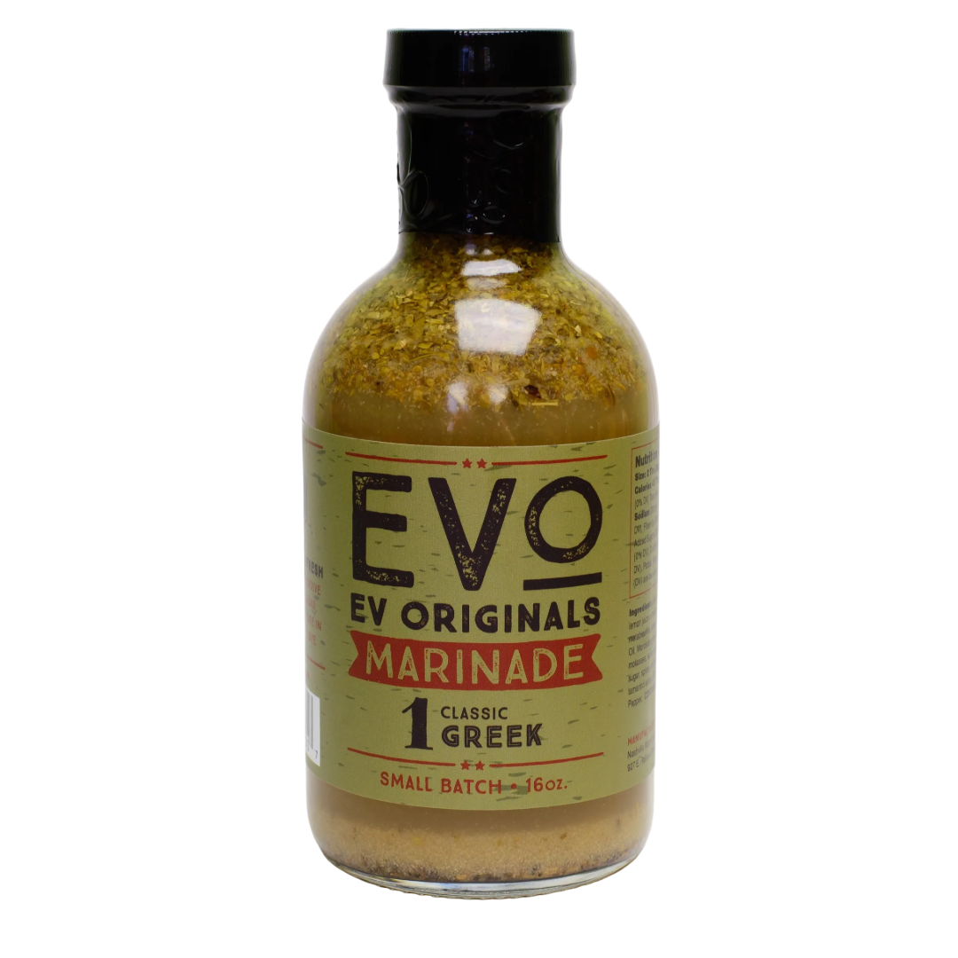 Bottle of EVO Originals Classic Greek Marinade on a white background